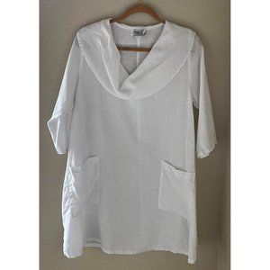 Snappy Turtle Tunic 100% Linen Lagenlook White Cowl Neck Pockets 1/2 Sleeve Sz S